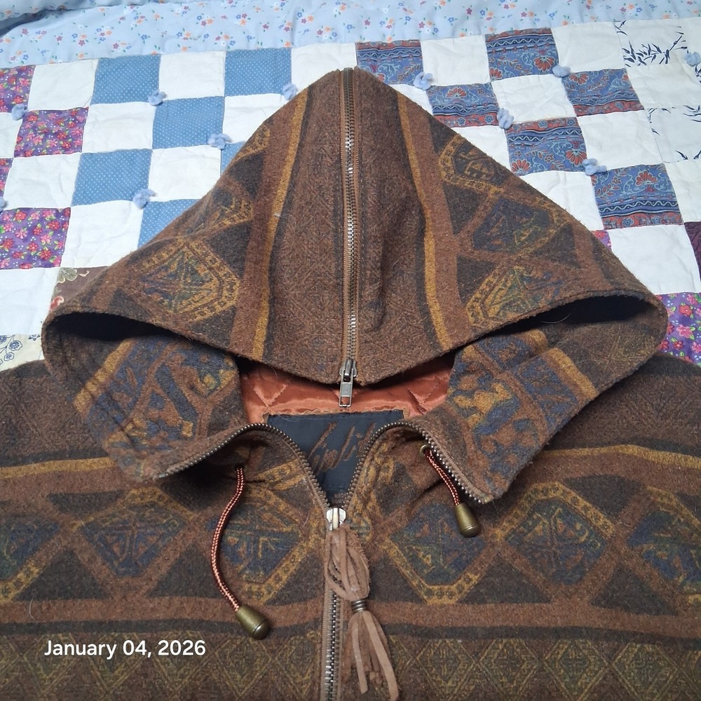 Vintage Winlit Leather & Wool Aztec Southwest Jacket Split Hood Parka Sz Small - Picture 9 of 16